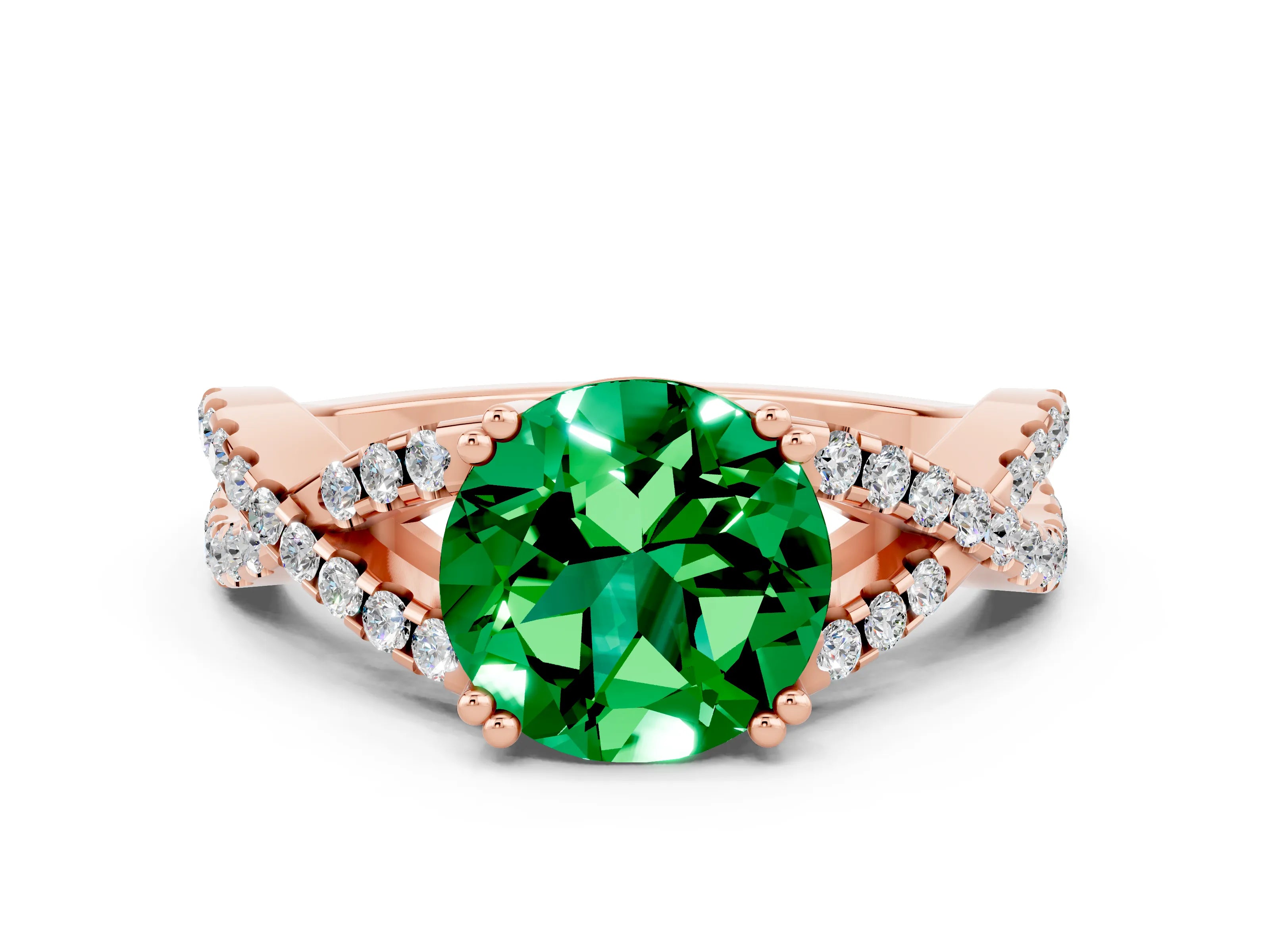 Rose gold Round Cut Emerald Solitaire Ring with Four-Prong Setting and Twisted Pavé Band