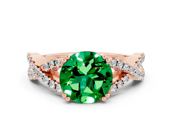 Rose gold Round Cut Emerald Solitaire Ring with Four-Prong Setting and Twisted Pavé Band