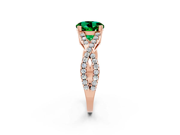 Rose gold Round Cut Emerald Solitaire Ring with Four-Prong Setting and Twisted Pavé Band