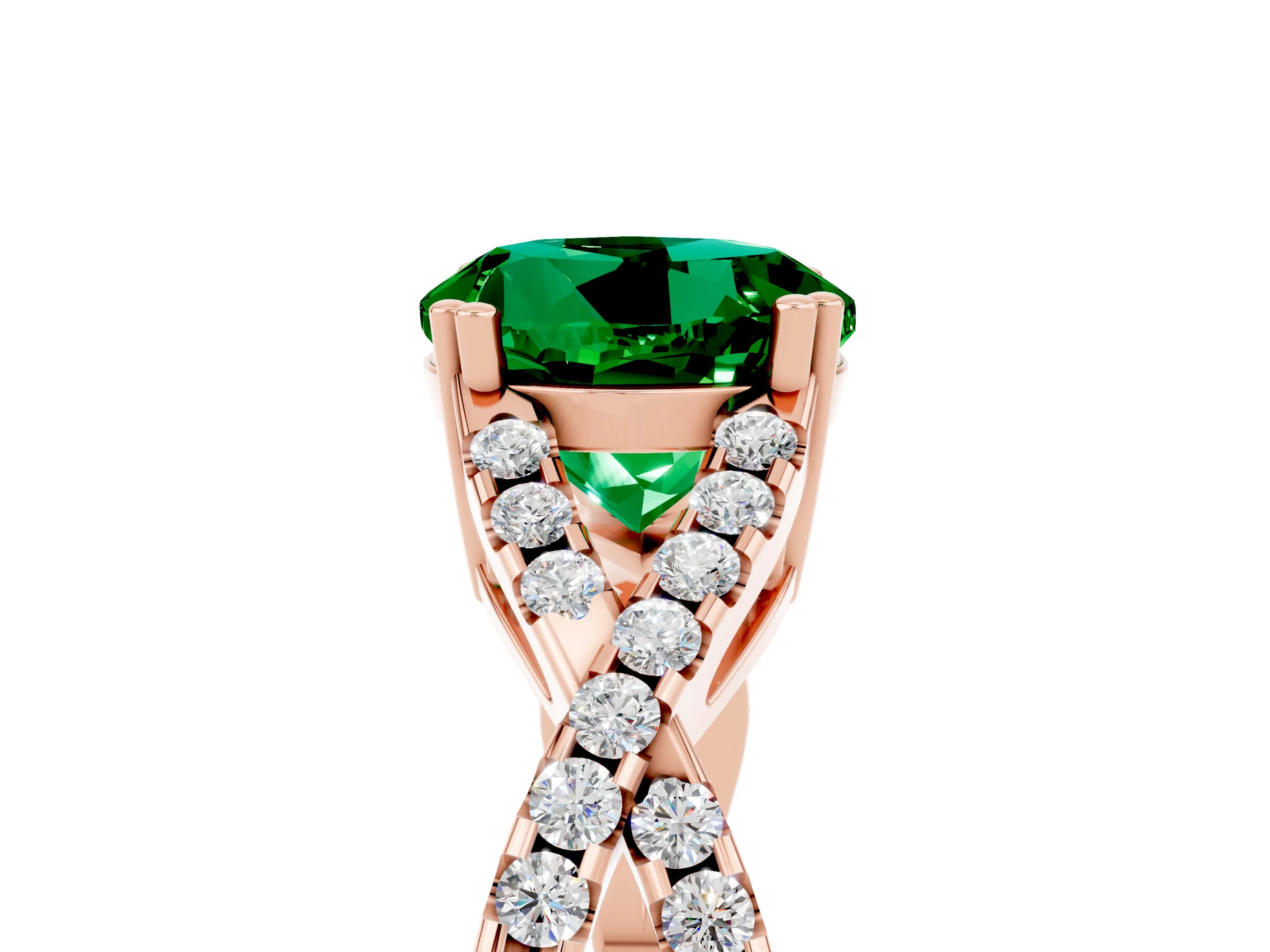 Rose gold Round Cut Emerald Solitaire Ring with Four-Prong Setting and Twisted Pavé Band_5