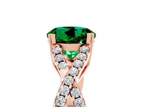 Rose gold Round Cut Emerald Solitaire Ring with Four-Prong Setting and Twisted Pavé Band_5