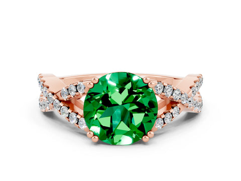 Rose gold Round Cut Emerald Solitaire Ring with Four-Prong Setting and Twisted Pavé Band