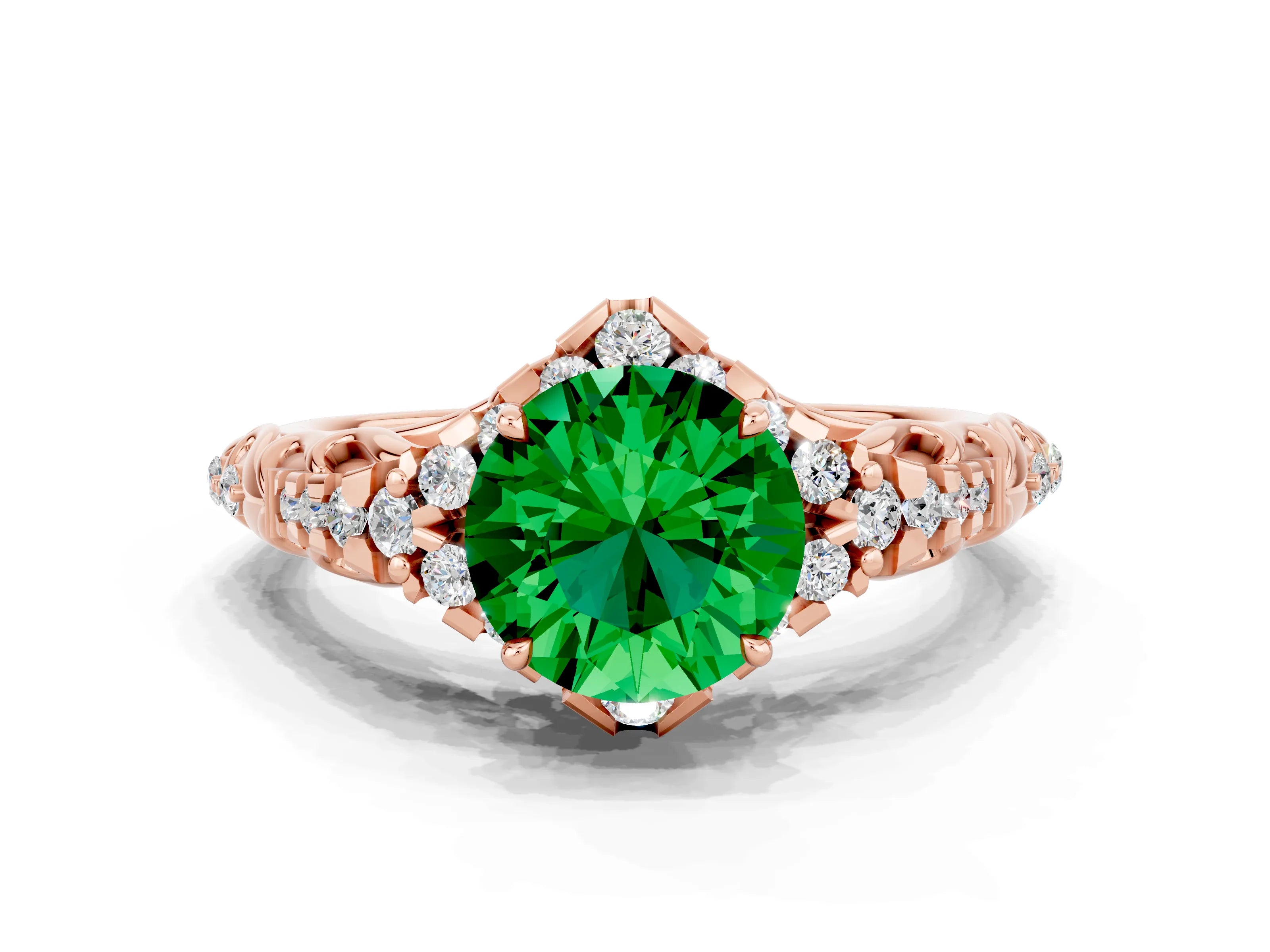 Rose gold Round Cut Emerald Solitaire Ring with Hidden Halo and Pavé Band_36