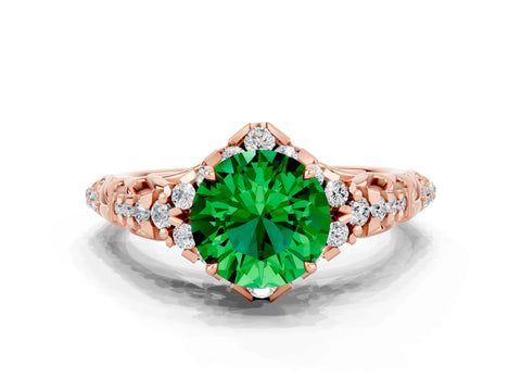 Rose gold Round Cut Emerald Solitaire Ring with Hidden Halo and Pavé Band_36