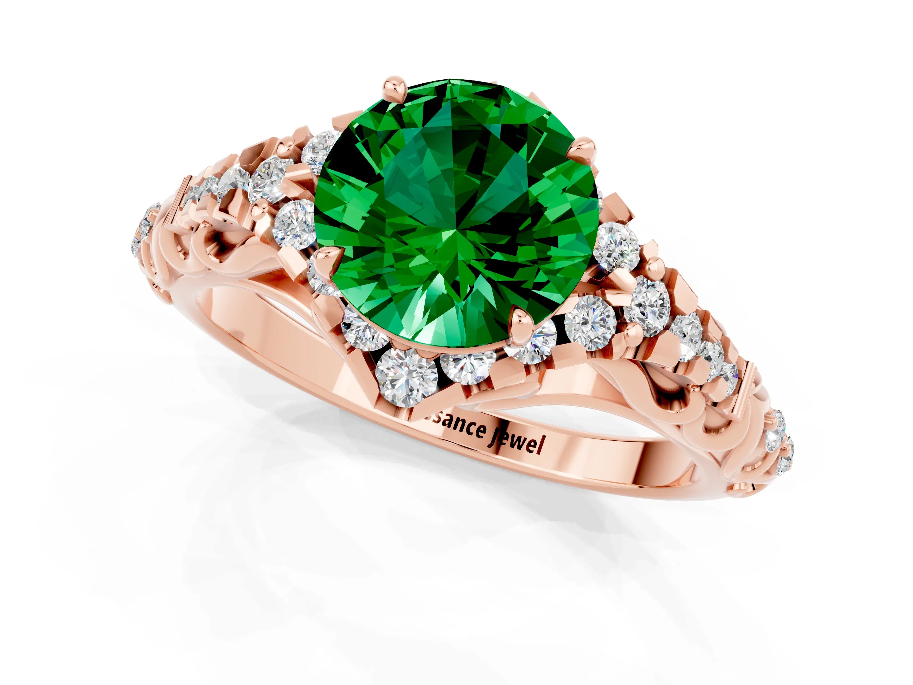 Rose gold Round Cut Emerald Solitaire Ring with Hidden Halo and Pavé Band_37