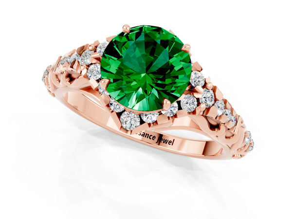 Rose gold Round Cut Emerald Solitaire Ring with Hidden Halo and Pavé Band