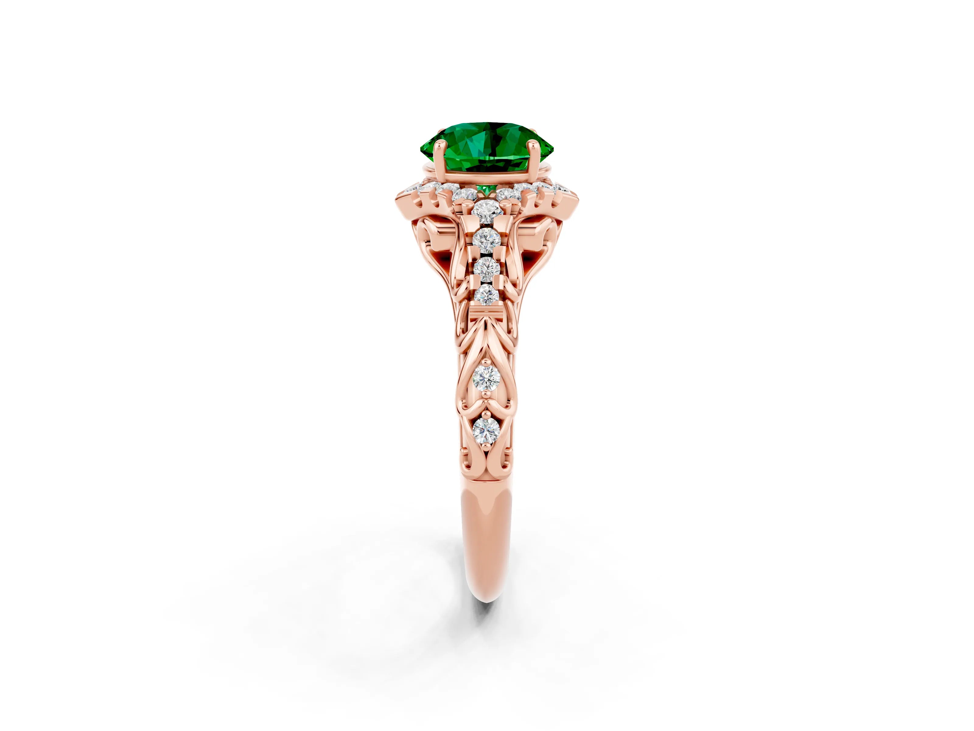 Rose gold Round Cut Emerald Solitaire Ring with Hidden Halo and Pavé Band_38