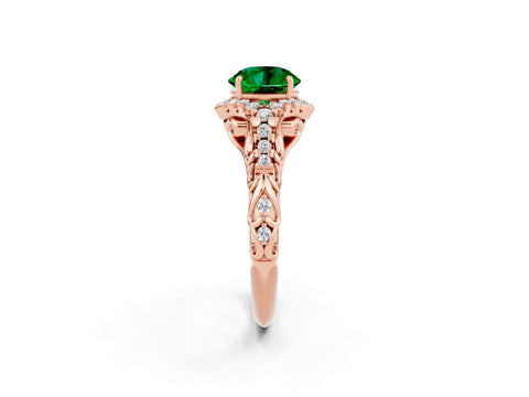 Rose gold Round Cut Emerald Solitaire Ring with Hidden Halo and Pavé Band_38