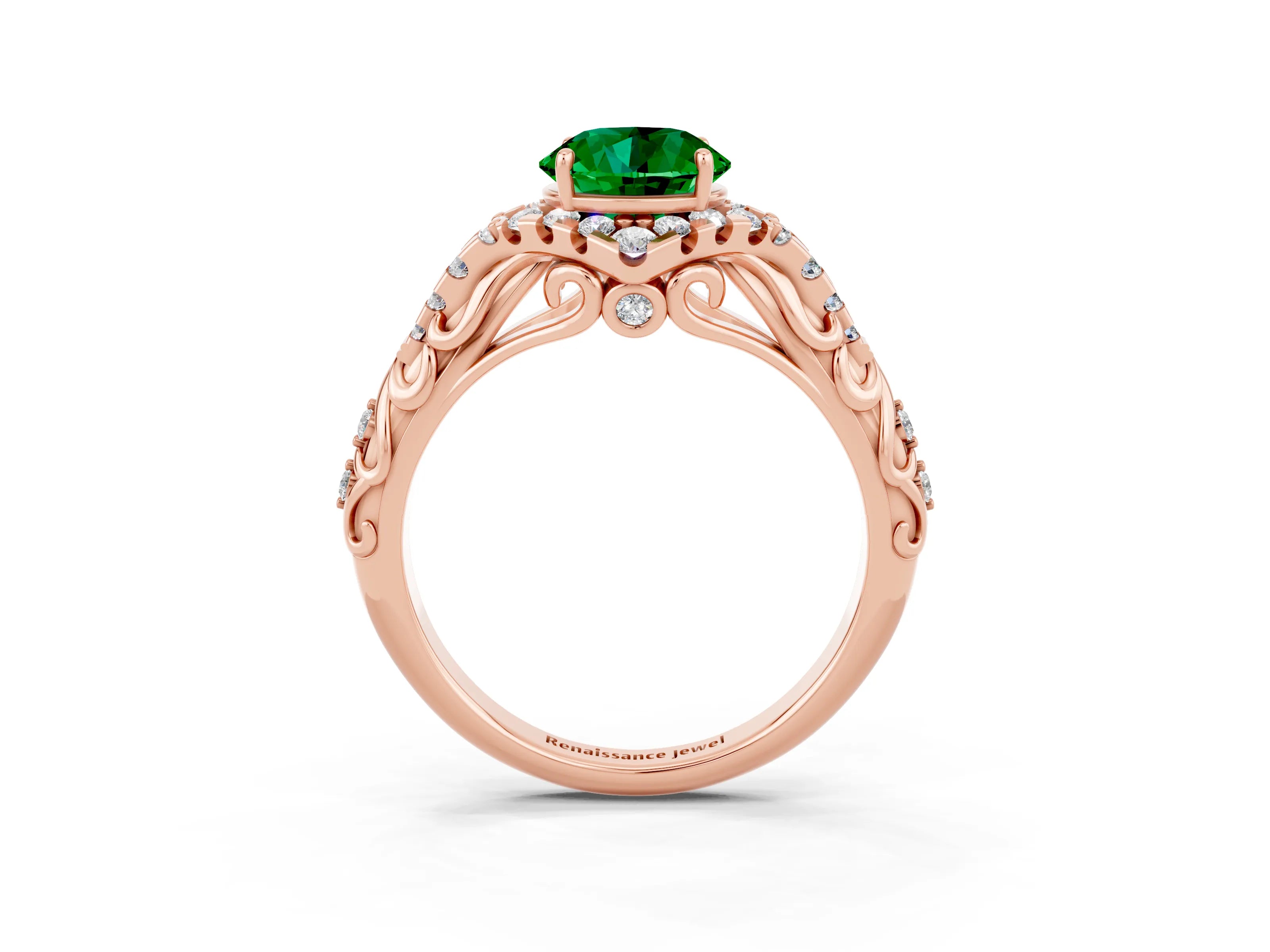 Rose gold Round Cut Emerald Solitaire Ring with Hidden Halo and Pavé Band_39