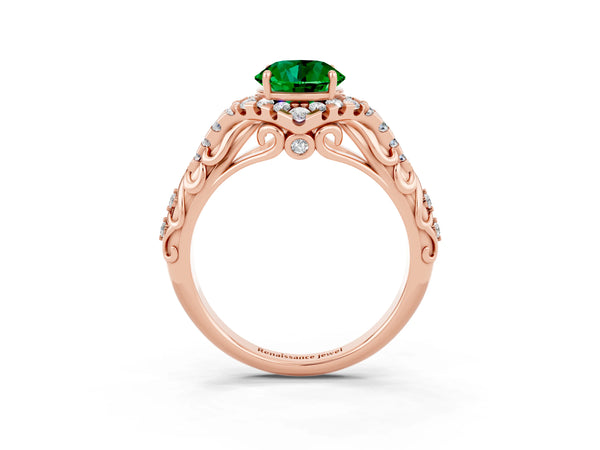 Rose gold Round Cut Emerald Solitaire Ring with Hidden Halo and Pavé Band