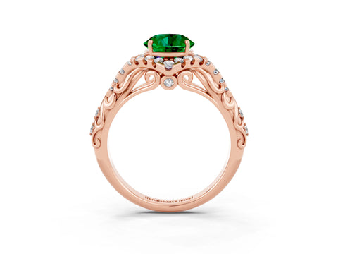 Rose gold Round Cut Emerald Solitaire Ring with Hidden Halo and Pavé Band_39