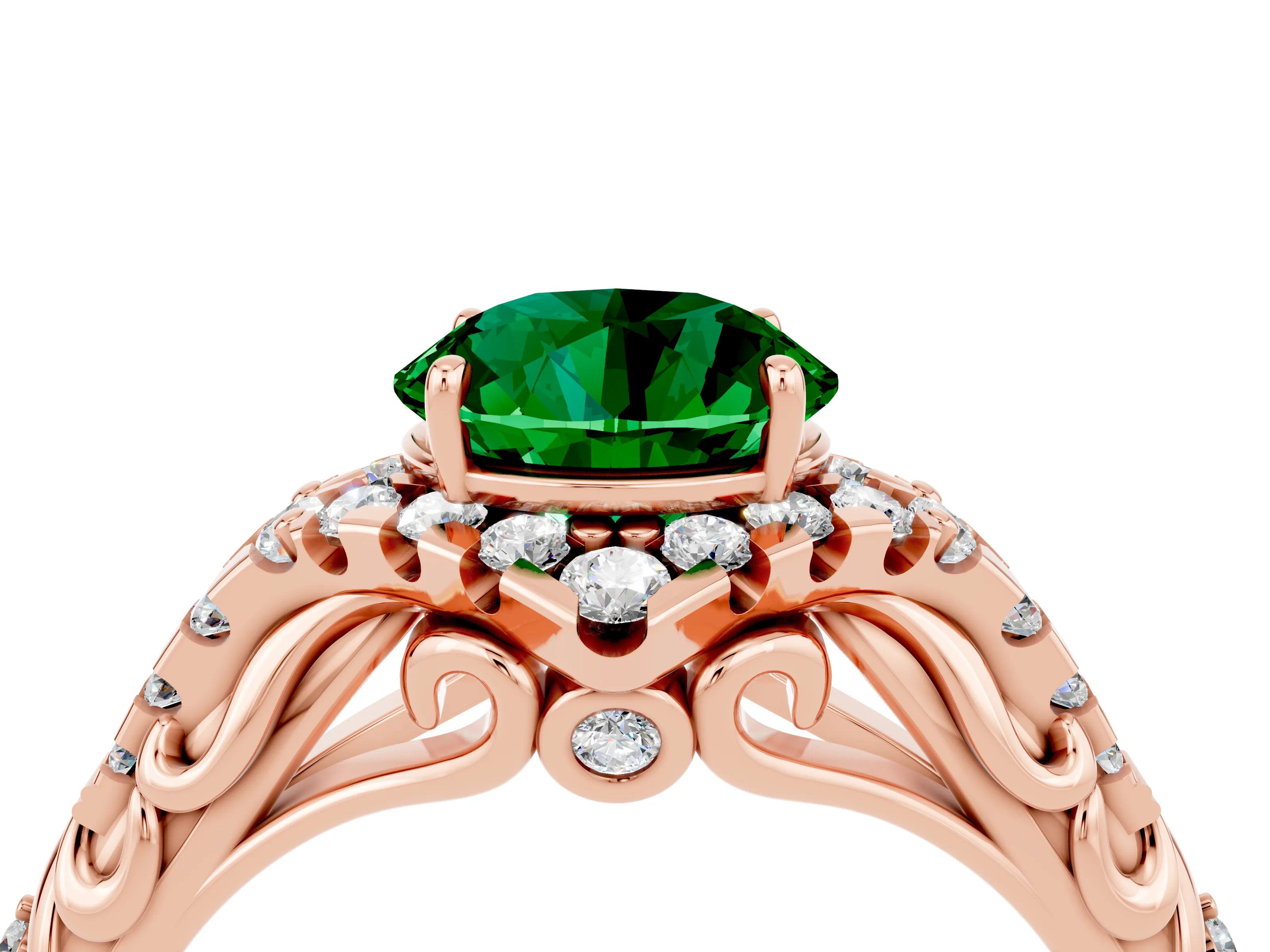 Rose gold Round Cut Emerald Solitaire Ring with Hidden Halo and Pavé Band_40
