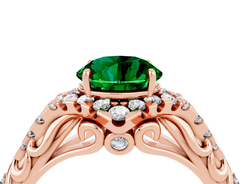 Rose gold Round Cut Emerald Solitaire Ring with Hidden Halo and Pavé Band_40