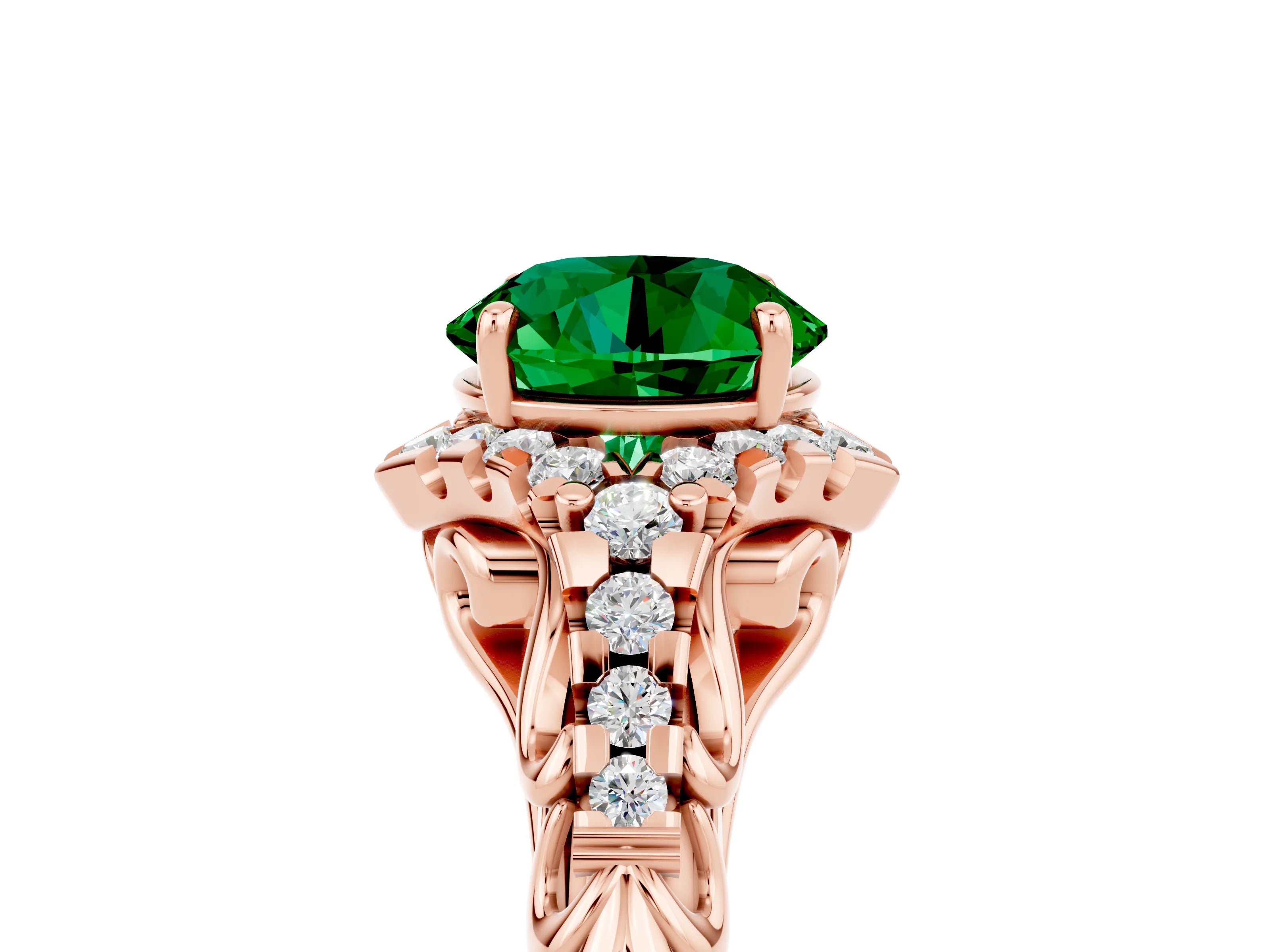 Rose gold Round Cut Emerald Solitaire Ring with Hidden Halo and Pavé Band_41