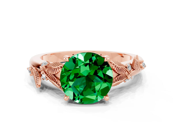 Rose gold Round Cut Emerald Solitaire Ring with Leaf Motif Band and Four-Prong Setting