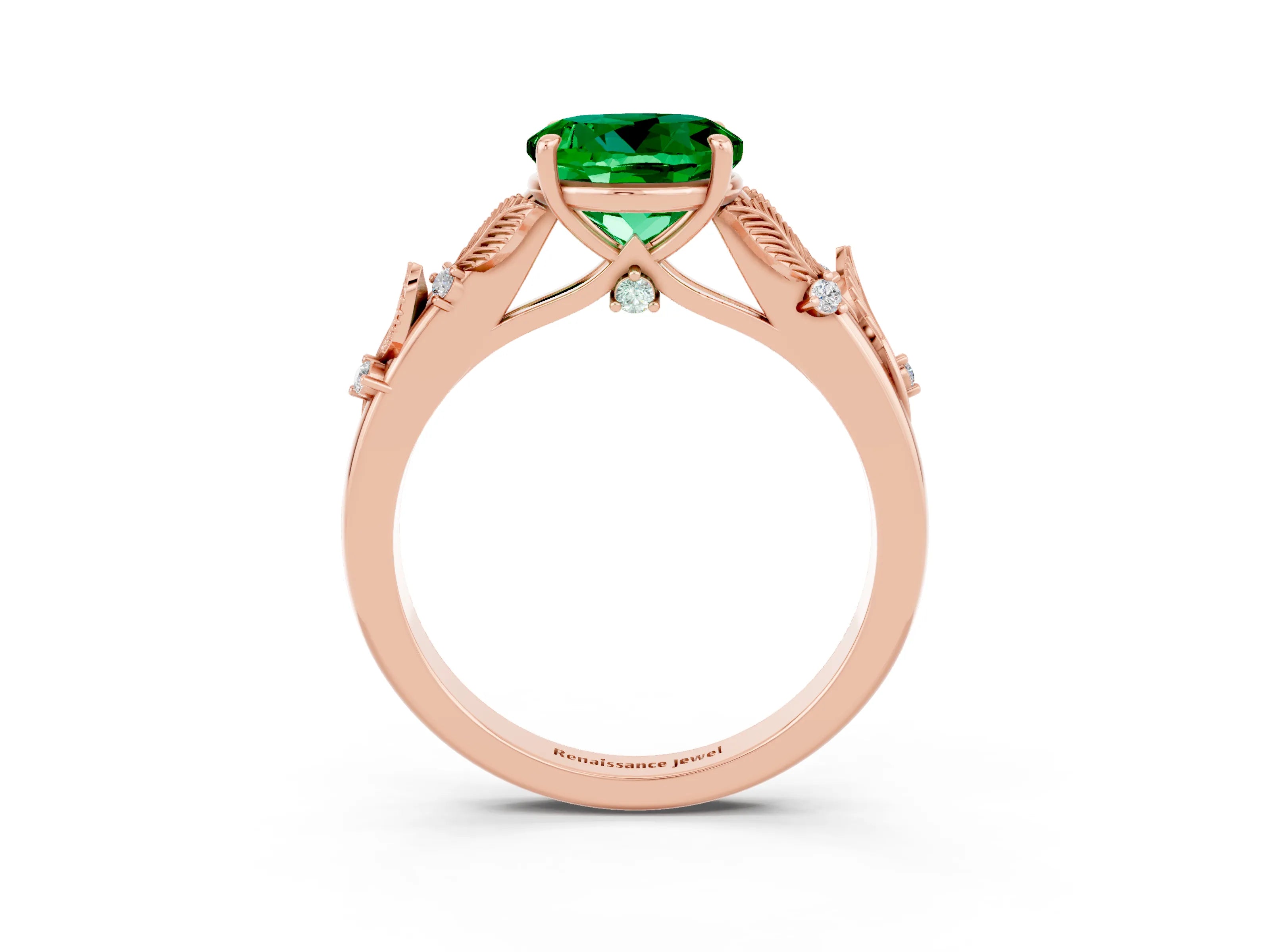 Rose gold Round Cut Emerald Solitaire Ring with Leaf Motif Band and Four-Prong Setting_3