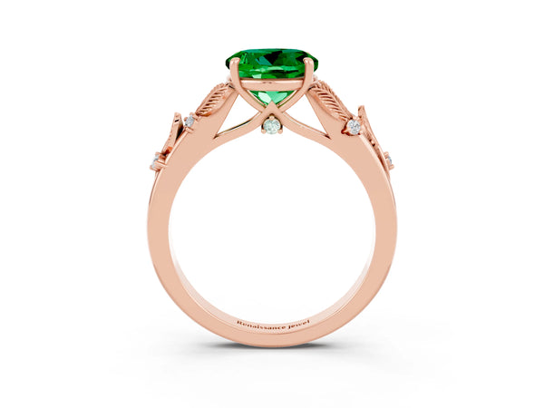 Rose gold Round Cut Emerald Solitaire Ring with Leaf Motif Band and Four-Prong Setting