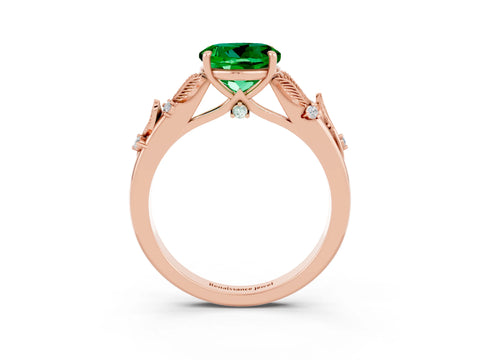 Rose gold Round Cut Emerald Solitaire Ring with Leaf Motif Band and Four-Prong Setting_3