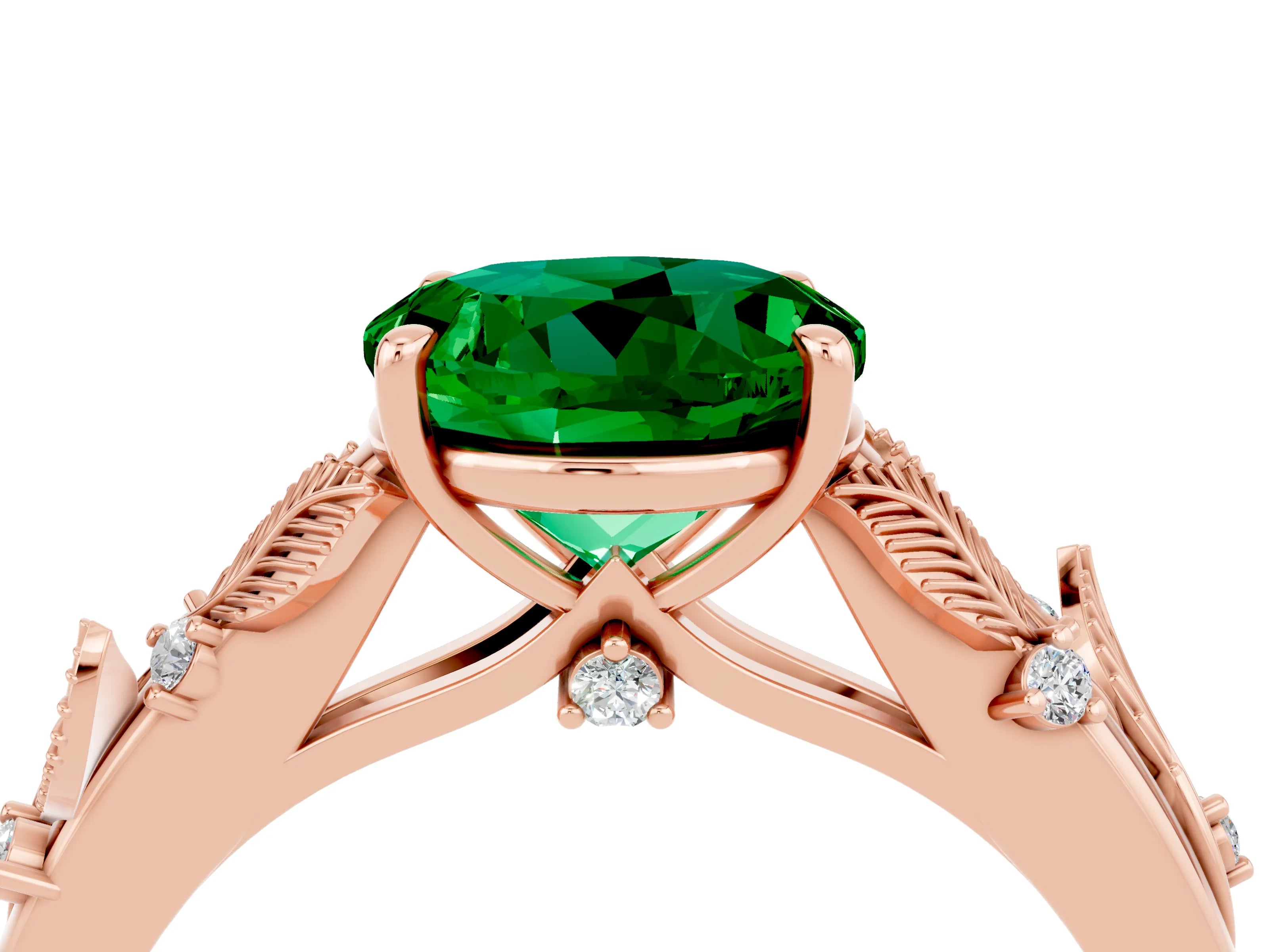 Rose gold Round Cut Emerald Solitaire Ring with Leaf Motif Band and Four-Prong Setting_4