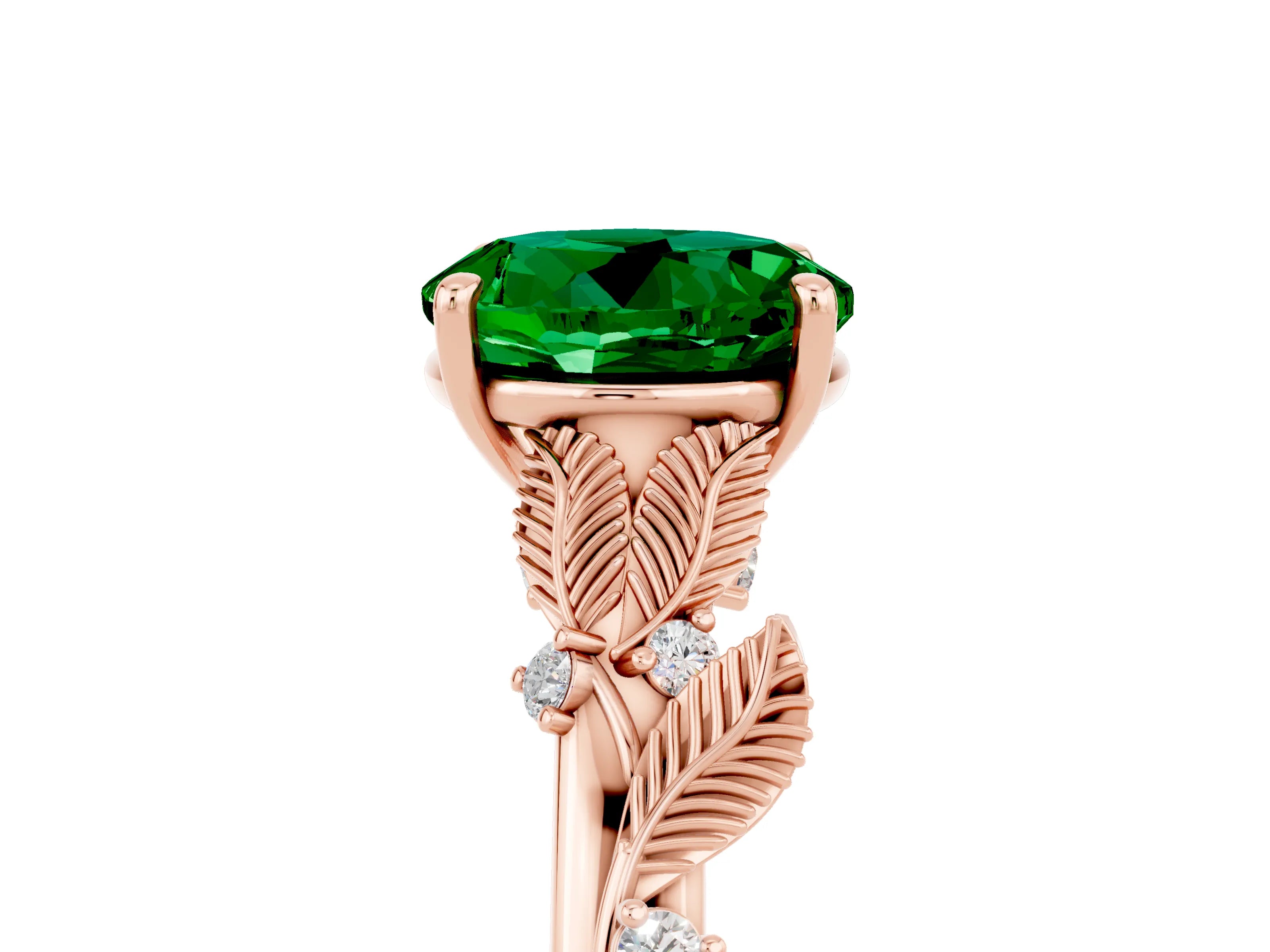 Rose gold Round Cut Emerald Solitaire Ring with Leaf Motif Band and Four-Prong Setting_5