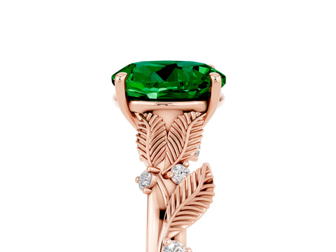 Rose gold Round Cut Emerald Solitaire Ring with Leaf Motif Band and Four-Prong Setting_5
