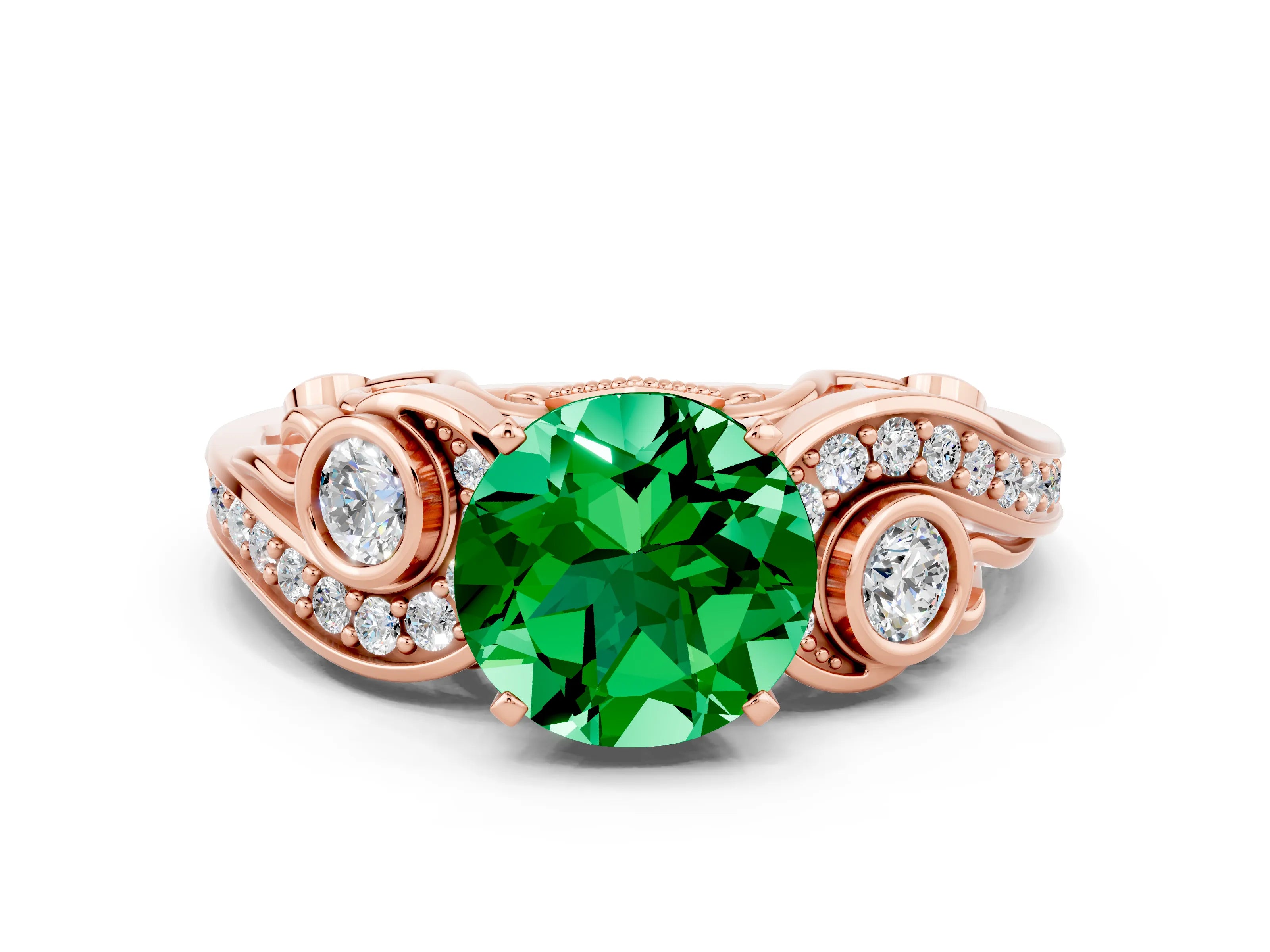 Rose gold Round Cut Emerald Solitaire Ring with Milgrain Pavé Band and Four-Prong Setting_24