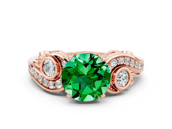 Rose gold Round Cut Emerald Solitaire Ring with Milgrain Pavé Band and Four-Prong Setting