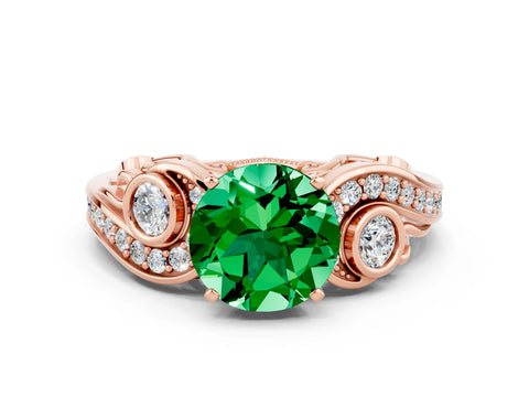 Rose gold Round Cut Emerald Solitaire Ring with Milgrain Pavé Band and Four-Prong Setting_24