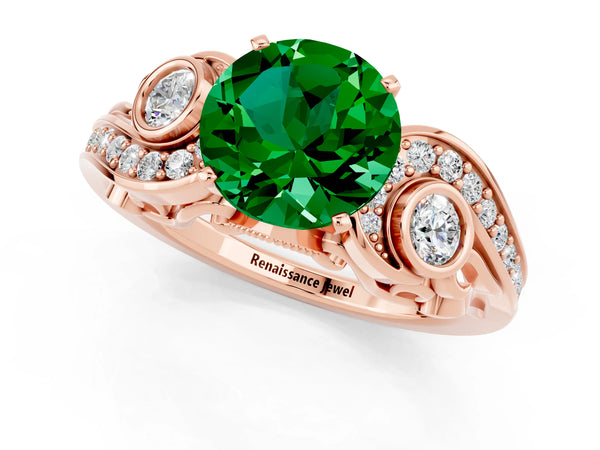 Rose gold Round Cut Emerald Solitaire Ring with Milgrain Pavé Band and Four-Prong Setting