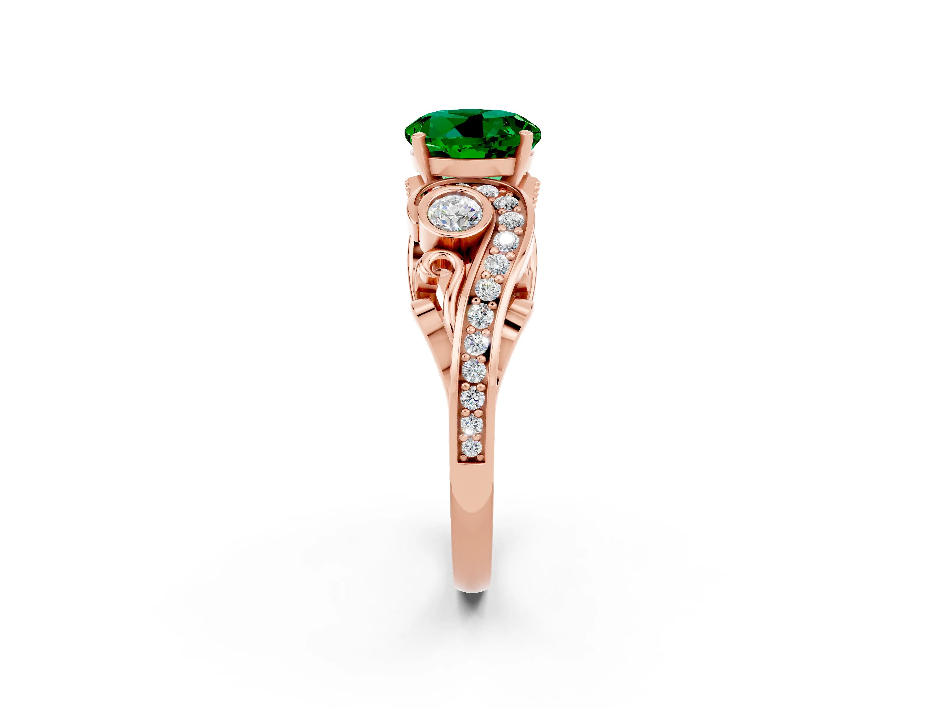 Rose gold Round Cut Emerald Solitaire Ring with Milgrain Pavé Band and Four-Prong Setting_26
