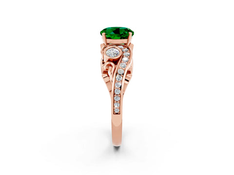Rose gold Round Cut Emerald Solitaire Ring with Milgrain Pavé Band and Four-Prong Setting_26