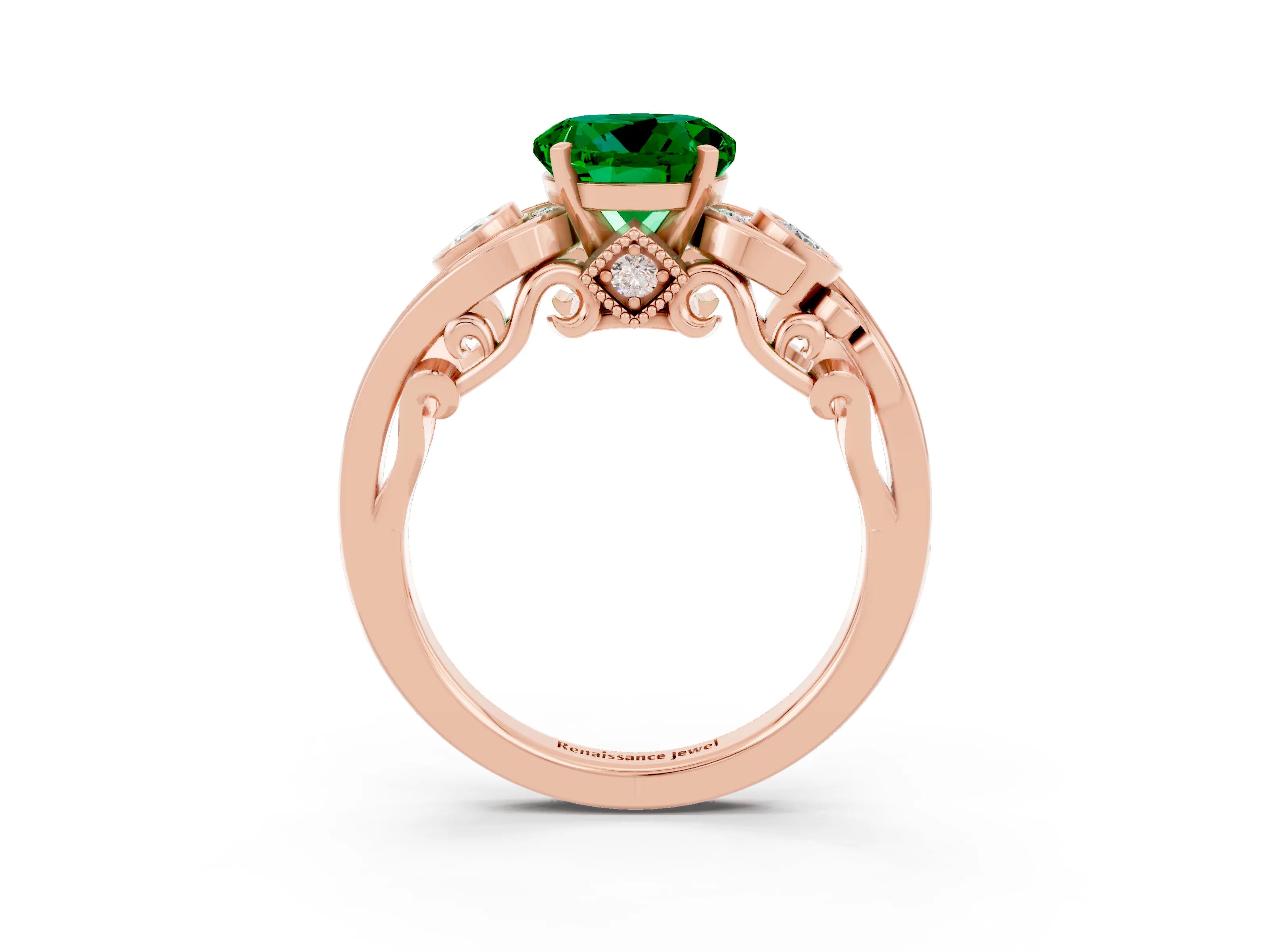 Rose gold Round Cut Emerald Solitaire Ring with Milgrain Pavé Band and Four-Prong Setting_27