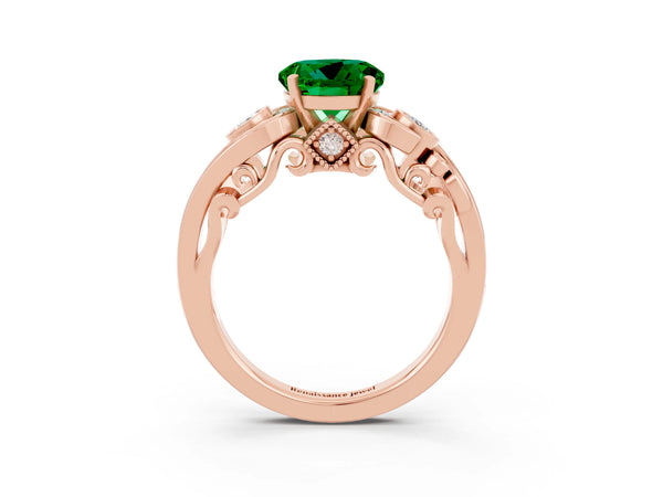 Rose gold Round Cut Emerald Solitaire Ring with Milgrain Pavé Band and Four-Prong Setting