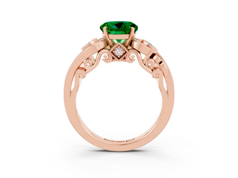 Rose gold Round Cut Emerald Solitaire Ring with Milgrain Pavé Band and Four-Prong Setting_27