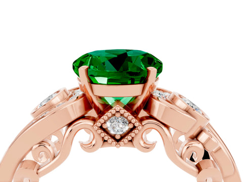Rose gold Round Cut Emerald Solitaire Ring with Milgrain Pavé Band and Four-Prong Setting_28