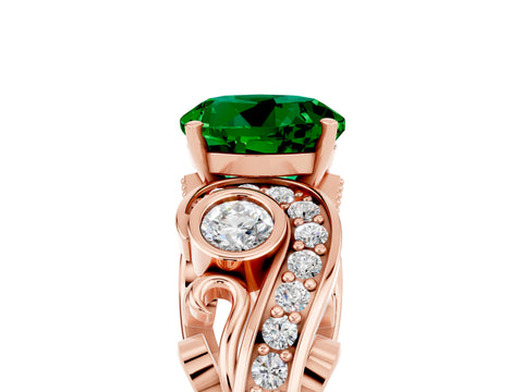 Rose gold Round Cut Emerald Solitaire Ring with Milgrain Pavé Band and Four-Prong Setting_29