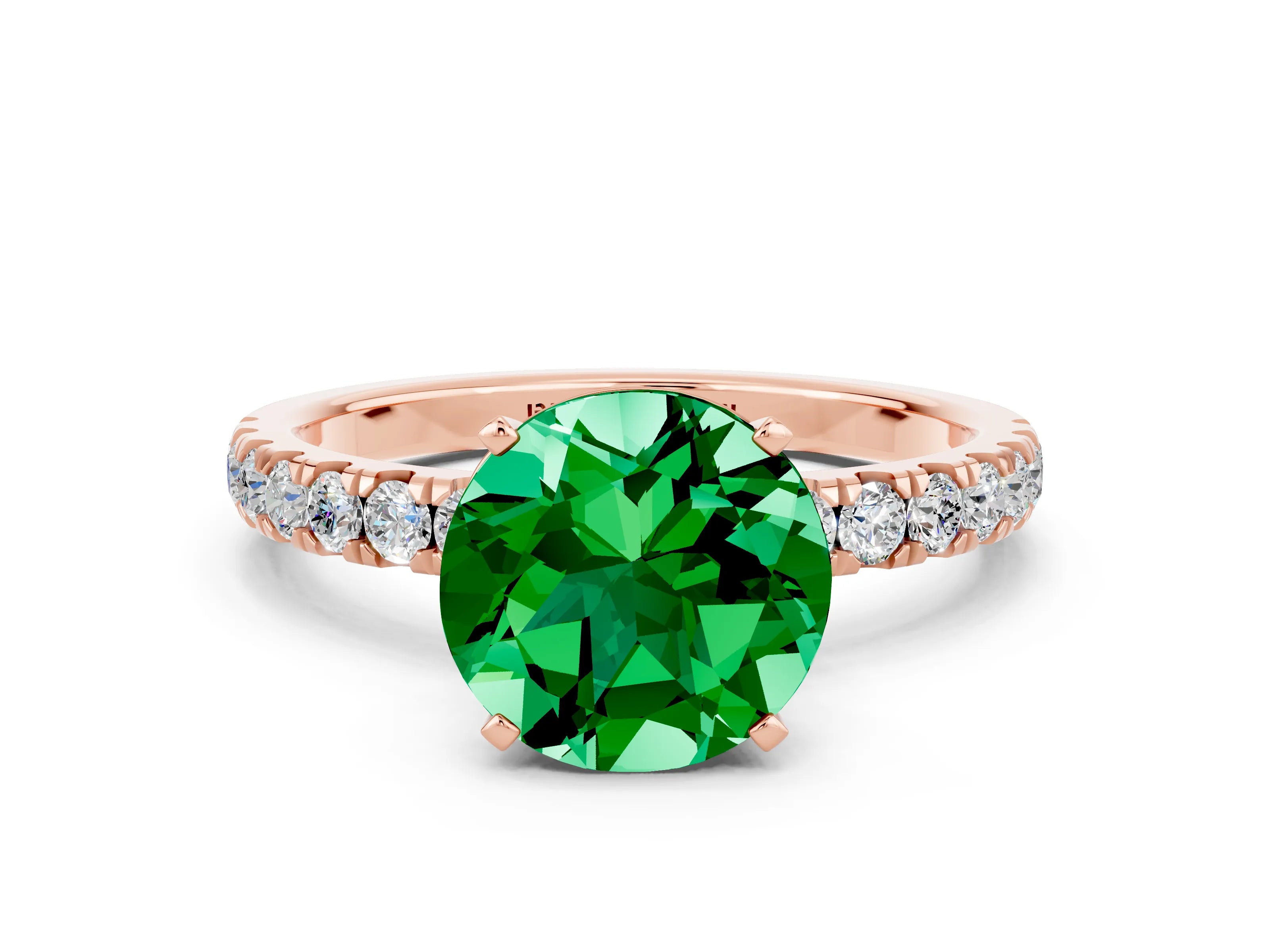 Rose gold Round Cut Emerald Solitaire Ring with Pavé Accents and Four-Prong Setting