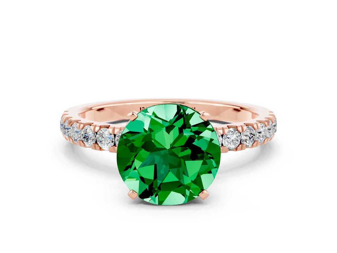 Rose gold Round Cut Emerald Solitaire Ring with Pavé Accents and Four-Prong Setting