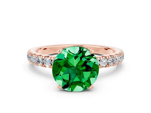 Rose gold Round Cut Emerald Solitaire Ring with Pavé Accents and Four-Prong Setting