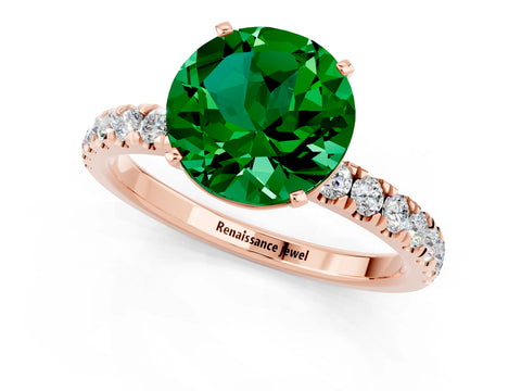 Rose gold Round Cut Emerald Solitaire Ring with Pavé Accents and Four-Prong Setting_1
