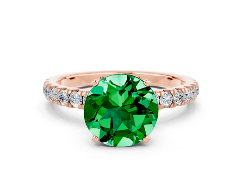 Rose gold Round Cut Emerald Solitaire Ring with Pavé Accents and Four-Prong Setting