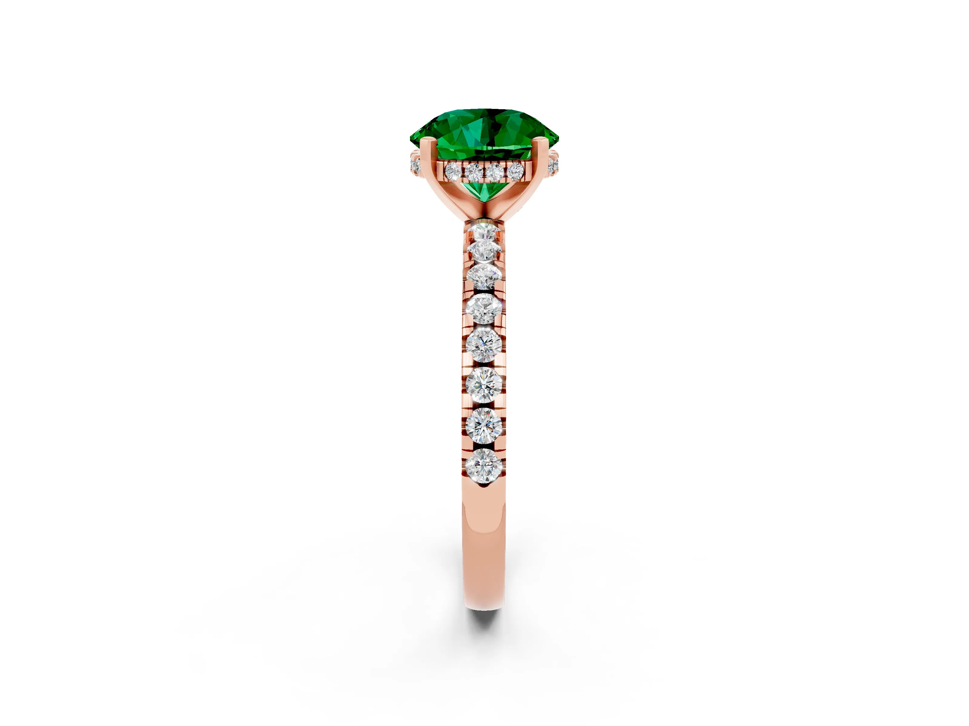 Rose gold Round Cut Emerald Solitaire Ring with Pavé Band and Four-Prong Setting_26