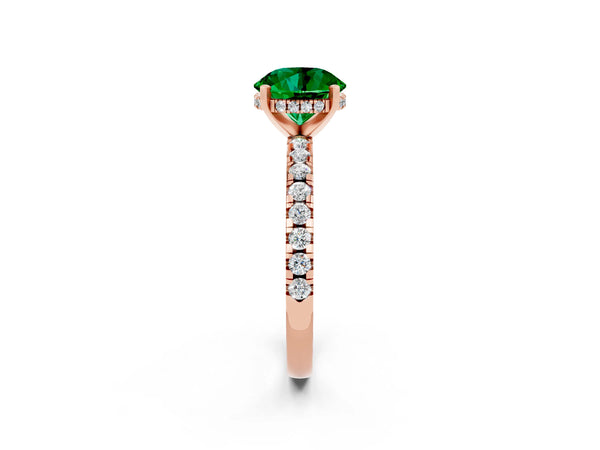 Rose gold Round Cut Emerald Solitaire Ring with Round  Pavé Band and Four-Prong Setting