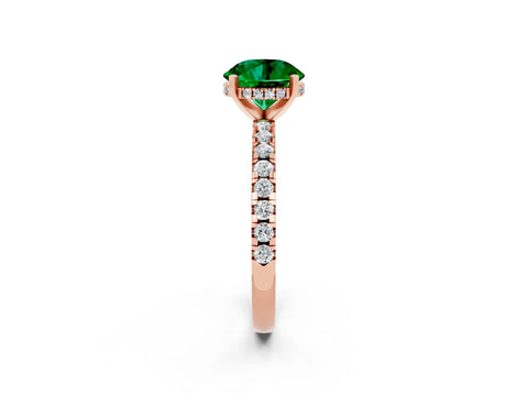Rose gold Round Cut Emerald Solitaire Ring with Pavé Band and Four-Prong Setting_26