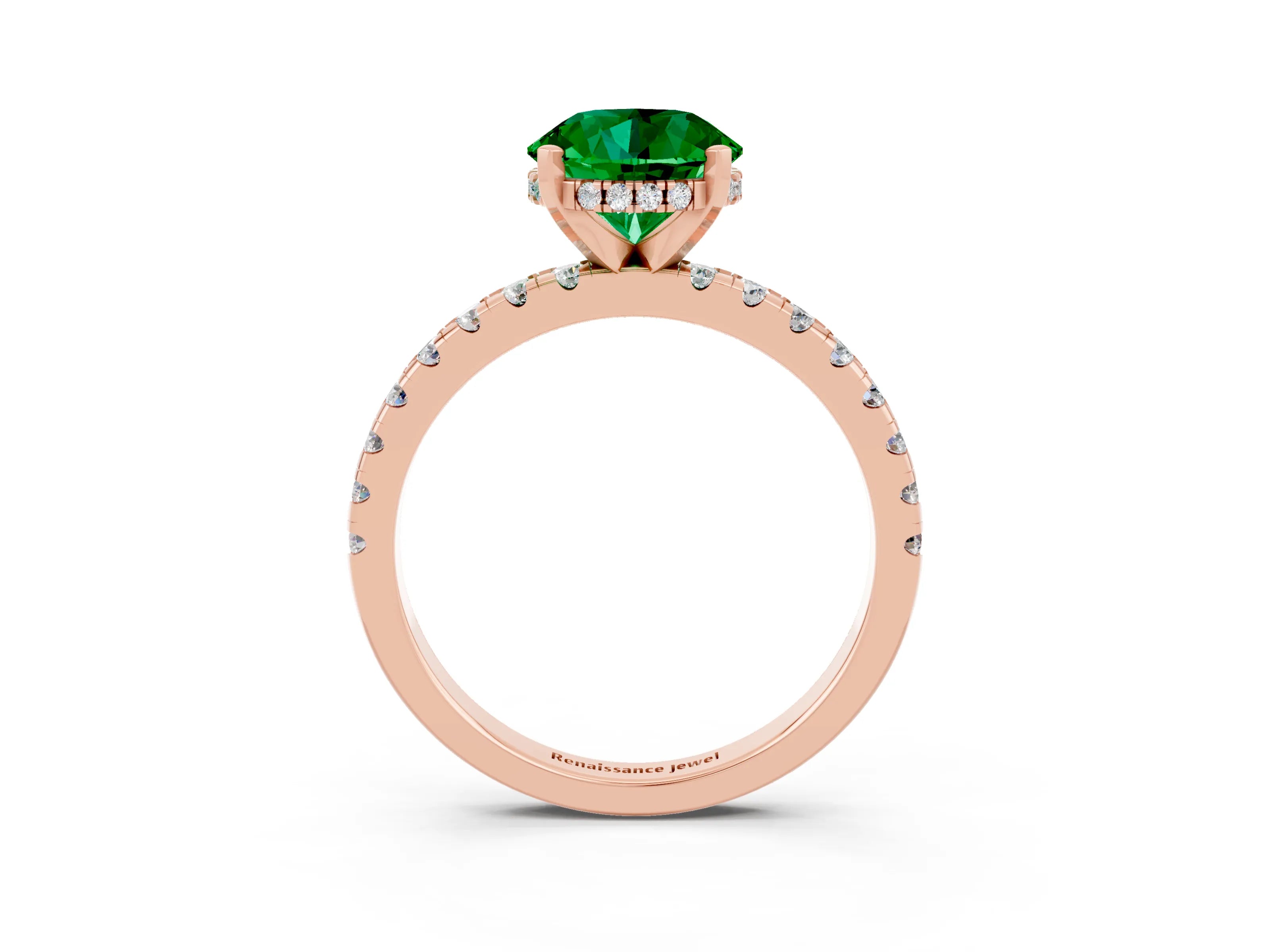 Rose gold Round Cut Emerald Solitaire Ring with Pavé Band and Four-Prong Setting_27