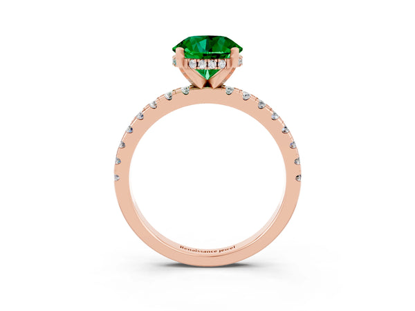 Rose gold Round Cut Emerald Solitaire Ring with Round  Pavé Band and Four-Prong Setting