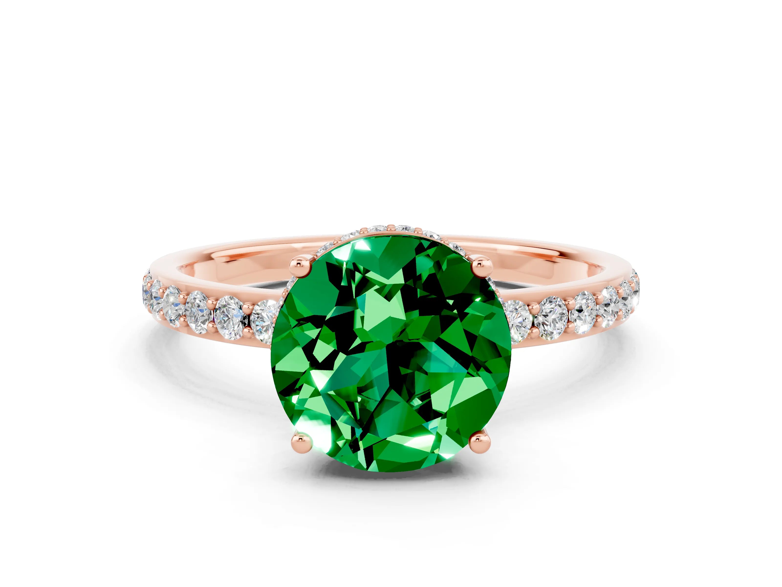 Rose gold Round Cut Emerald Solitaire Ring with Pavé Band and Hidden Halo_12