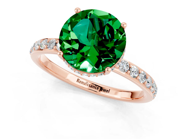 Rose gold Round Cut Emerald Solitaire Ring with Pavé Band and Hidden Halo