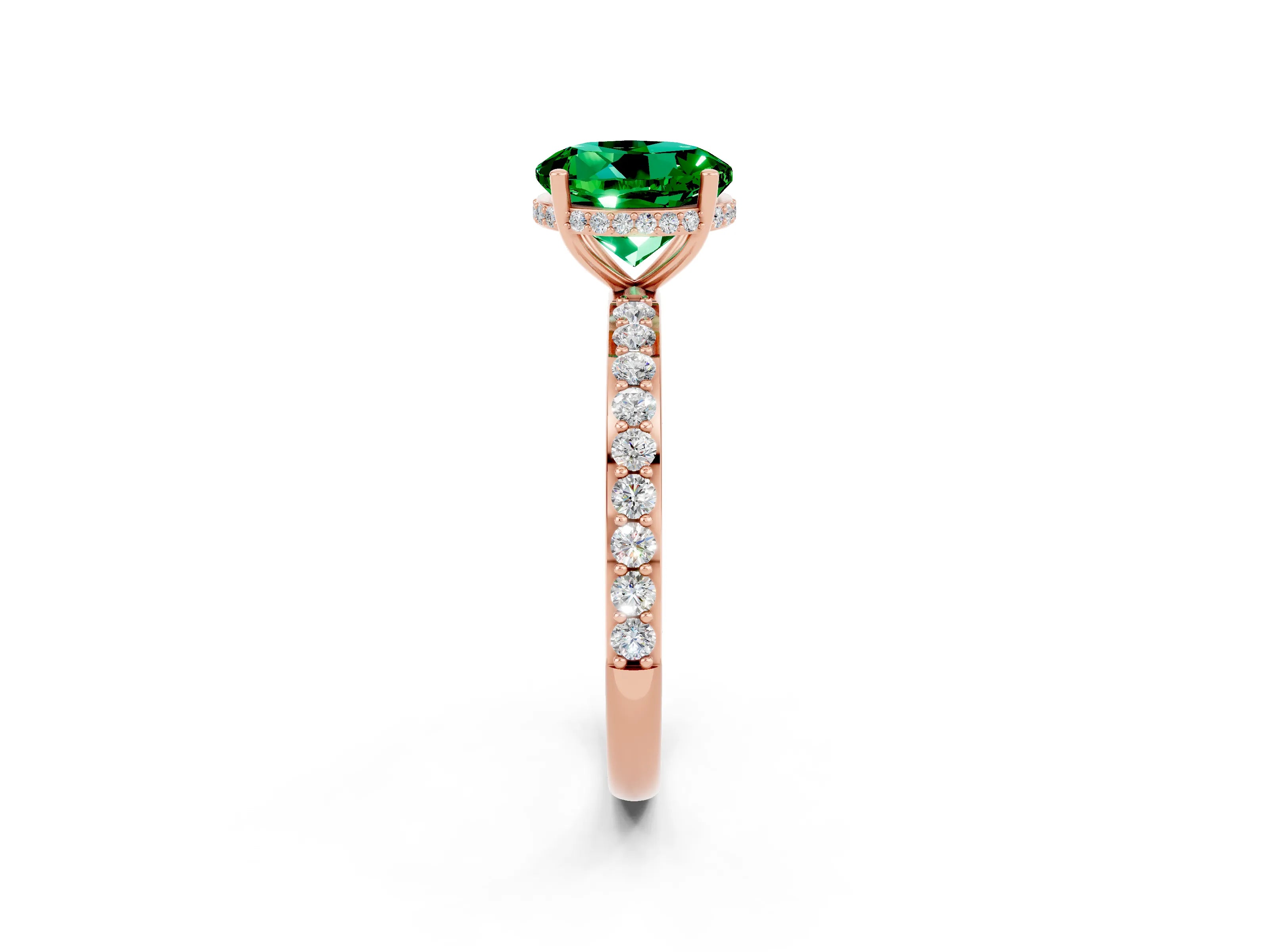 Rose gold Round Cut Emerald Solitaire Ring with Pavé Band and Hidden Halo_14