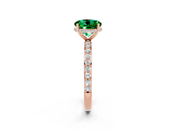 Rose gold Round Cut Emerald Solitaire Ring with Pavé Band and Hidden Halo